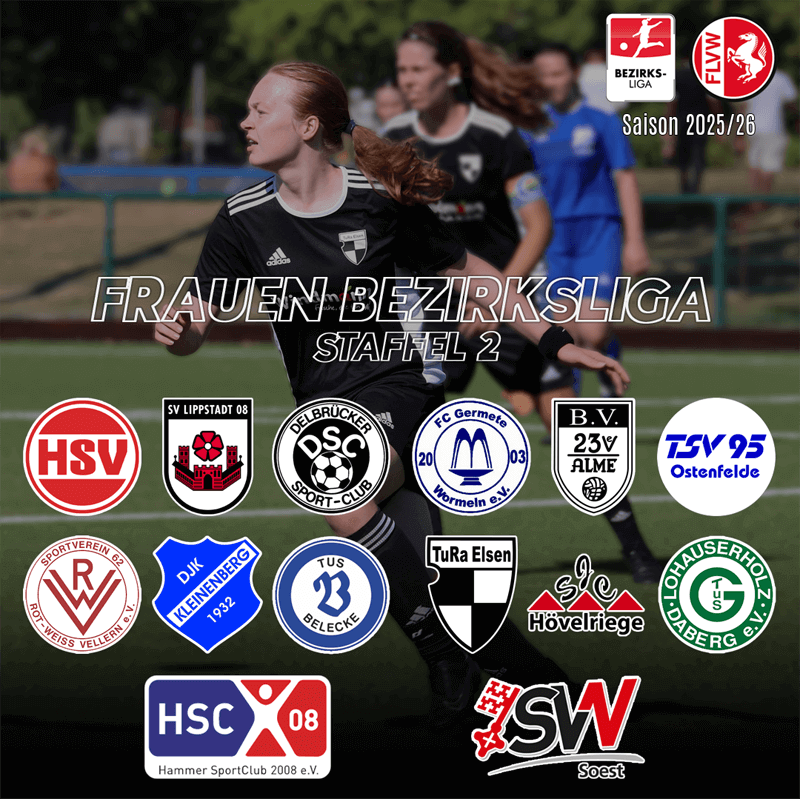Frauen Bezirksliga Staffel 2 Saison 2025/26 mit Logos von 14 Fußballvereinen aus der Region