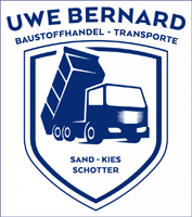 Logo von Uwe Bernard Baustoffhandel Transporte mit stilisiertem Kipper-LKW in einem Schild, Text 'Sand Kies Schotter'